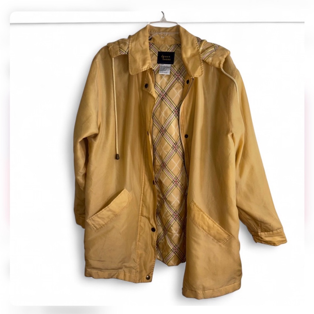 Vintage Dennis Basso 100% Silk Jacket Butter Yellow Plaid Hood 80s 90s Sz M